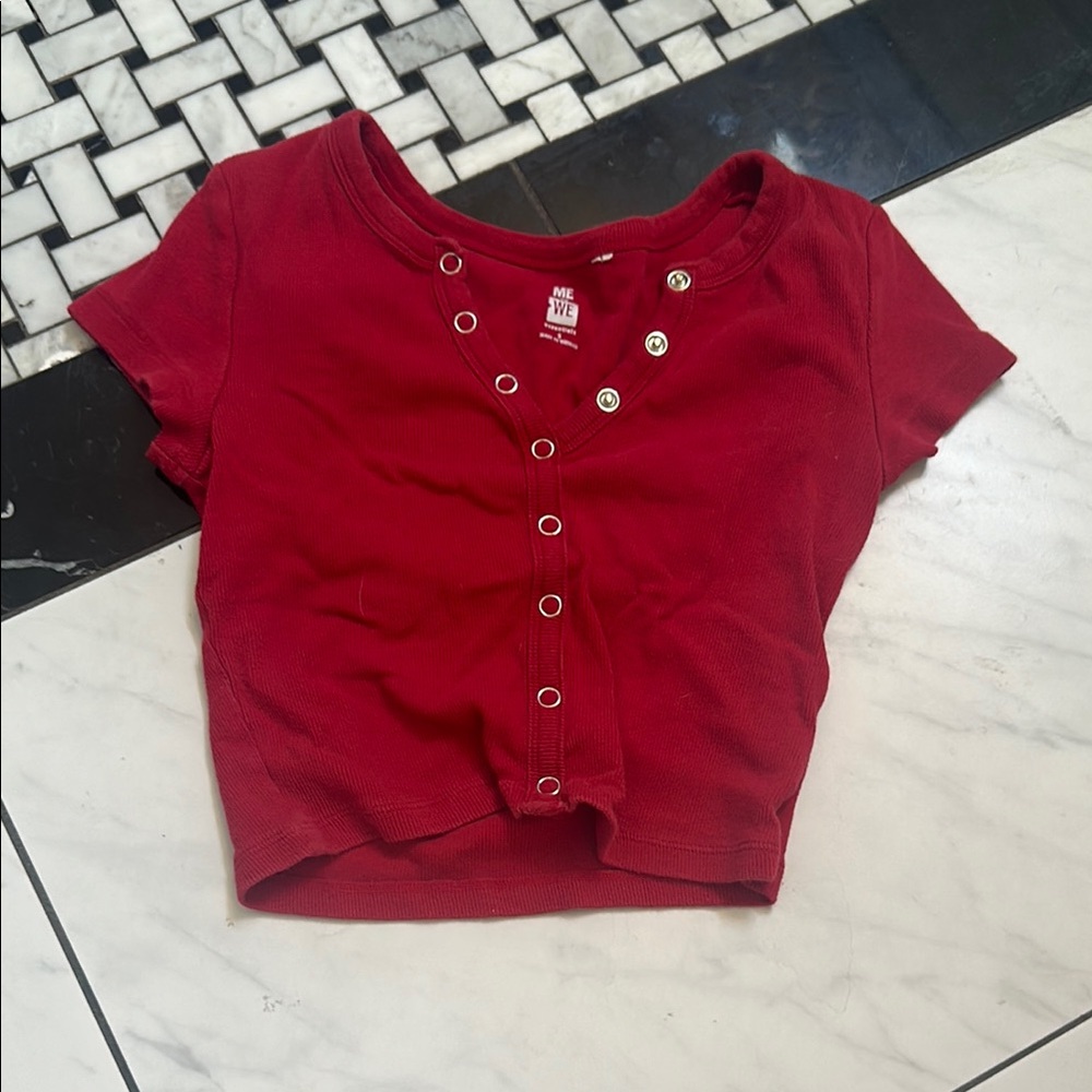 Hollister Red Button Down Shirt with Modern Ruched Design